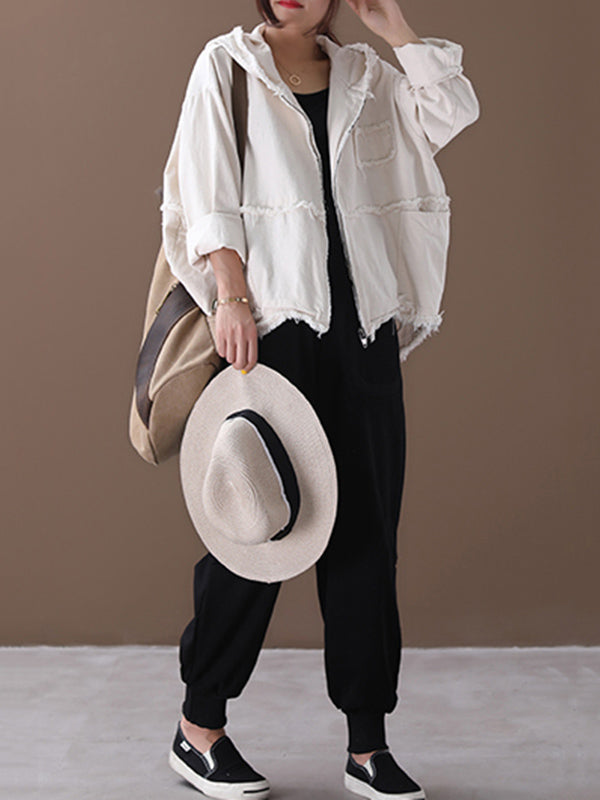 Oversized hooded jacket in washed cotton with frayed seams