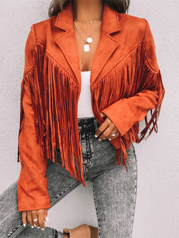 Short fringed jacket with a notch lapel and open front