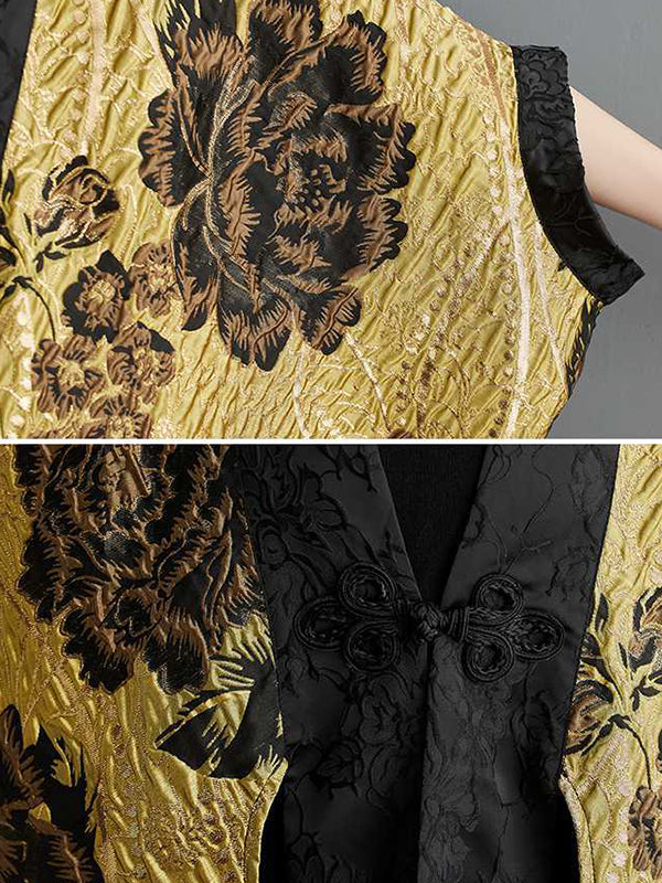 Gold brocade jacket with raised black flowers and batwing sleeves