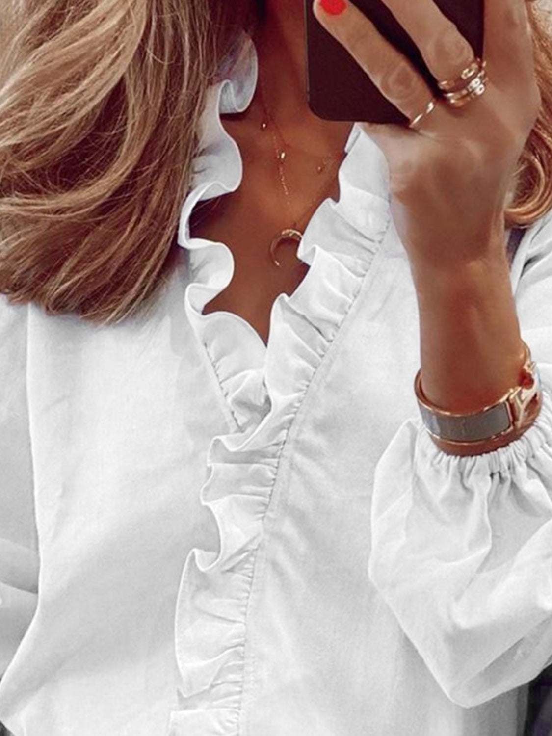 Women's ruffled V-neck blouse - detail