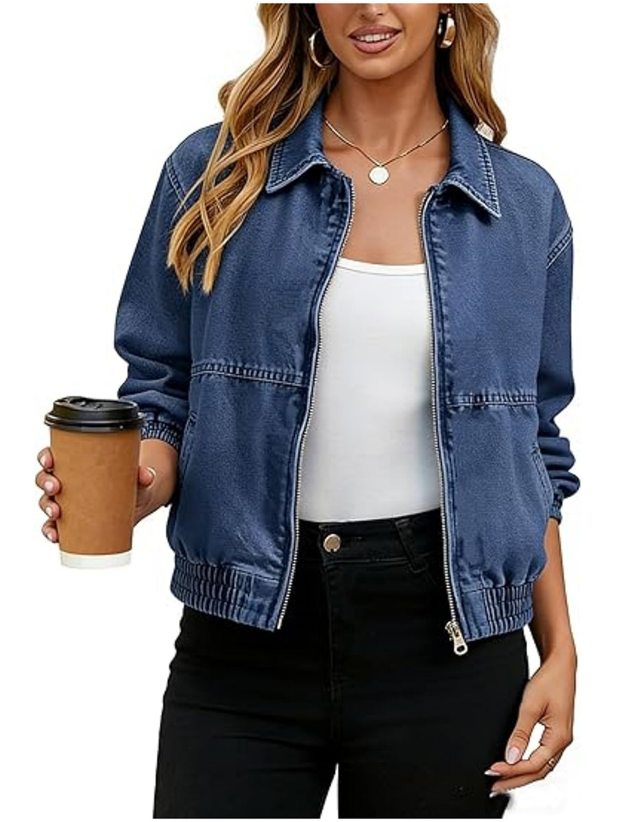 Denim bomber jacket with a zip front and elasticated hem in mid wash
