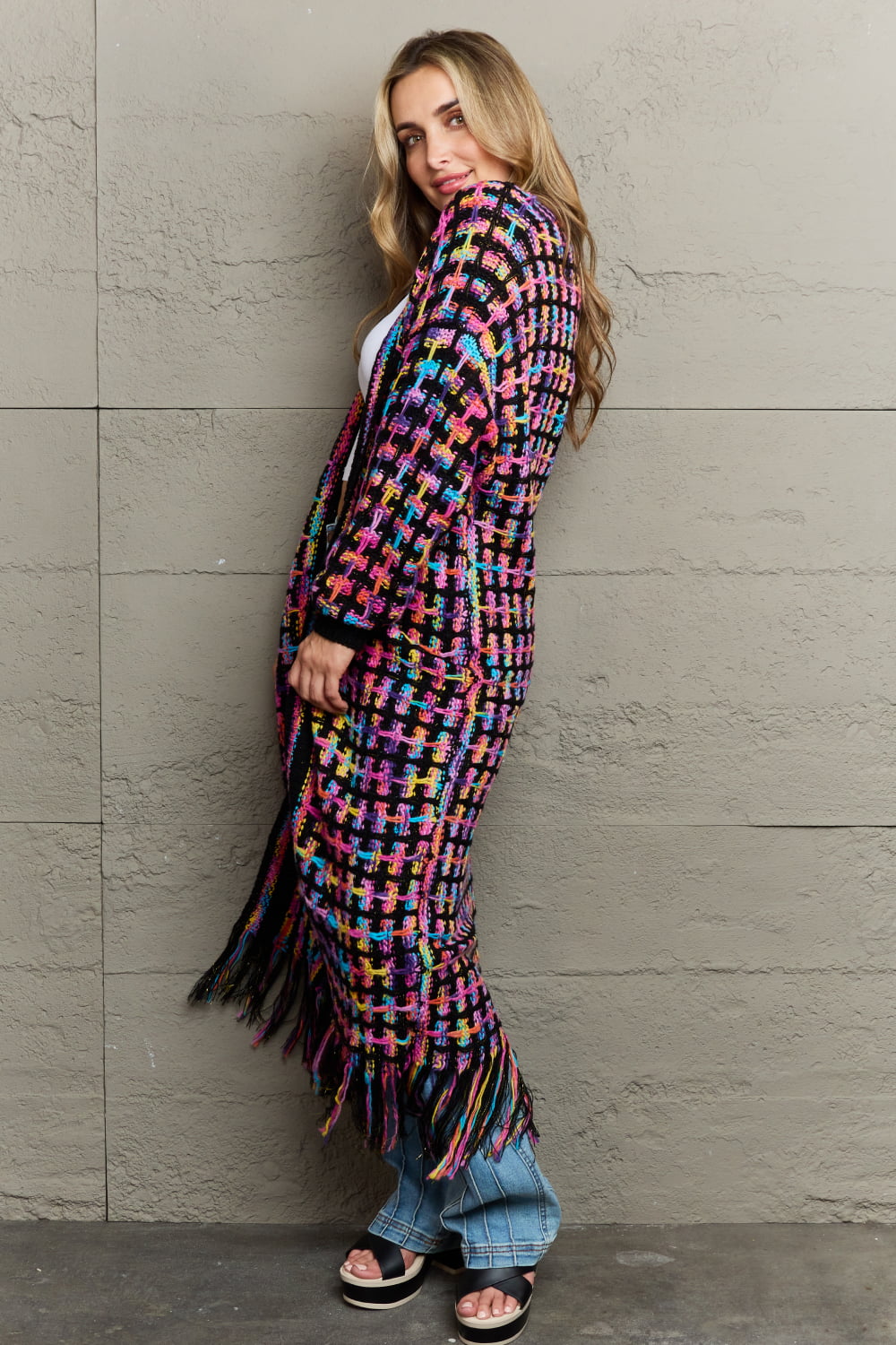 Women's longline fringe cardigan - detail