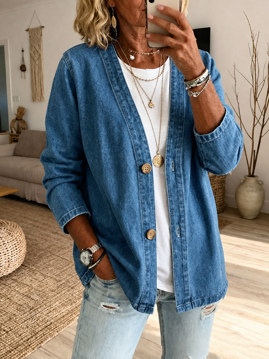 Collarless denim jacket with a button front and dropped shoulder in blue