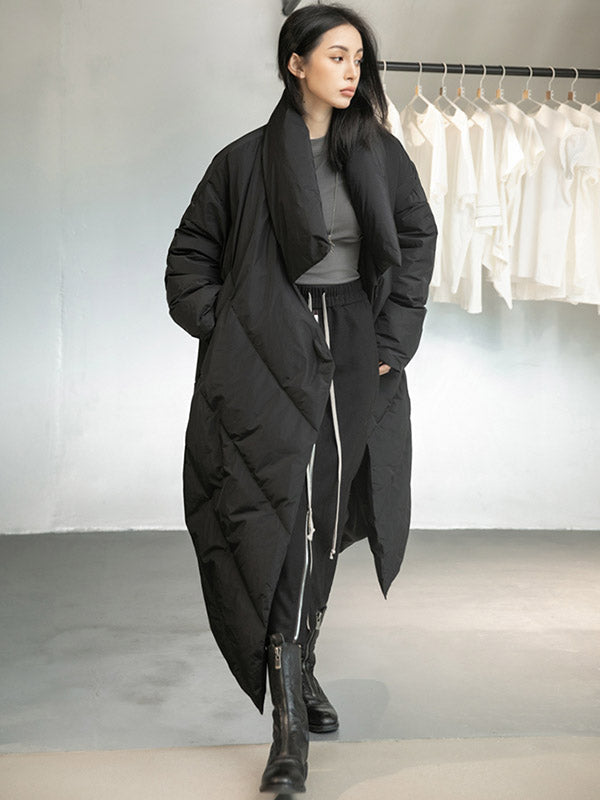 Long black padded coat with a scarf collar and diagonal quilting