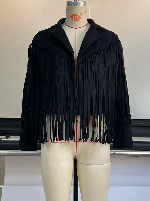 Short fringed jacket with a notch lapel and open front