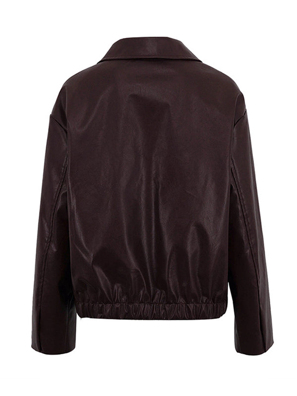Chocolate brown faux leather jacket with a wide lapel collar and zip