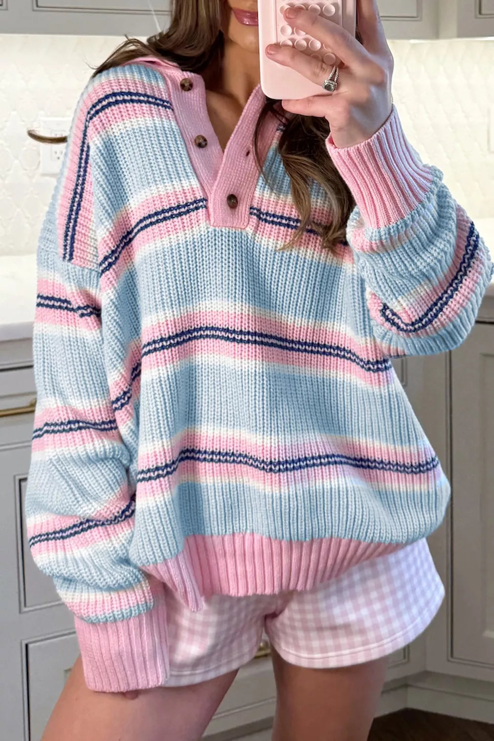 Women's striped button collar jumper in Light Blue Stripe