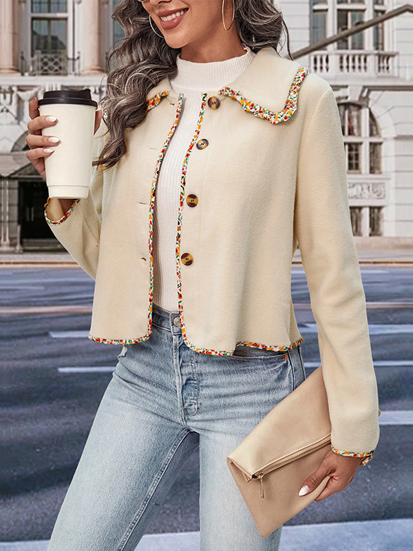 Cream cropped jacket with a multicoloured braid trim and gold-tone buttons