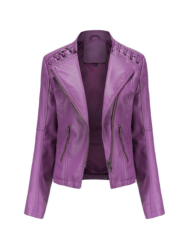 Faux leather biker jacket with lacing across the shoulders in purple