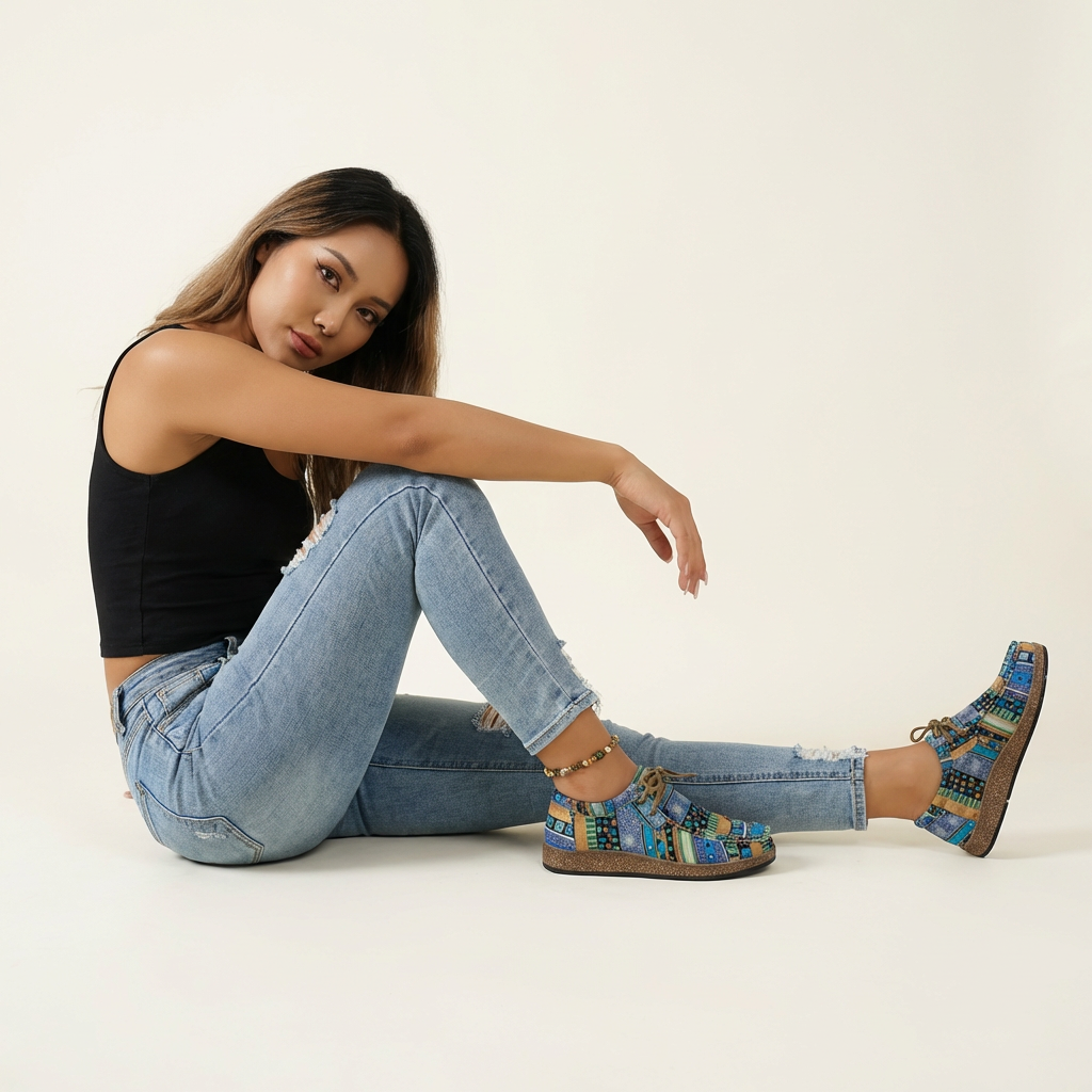 Women's Lace-Up Trainers - printed patchwork textile upper