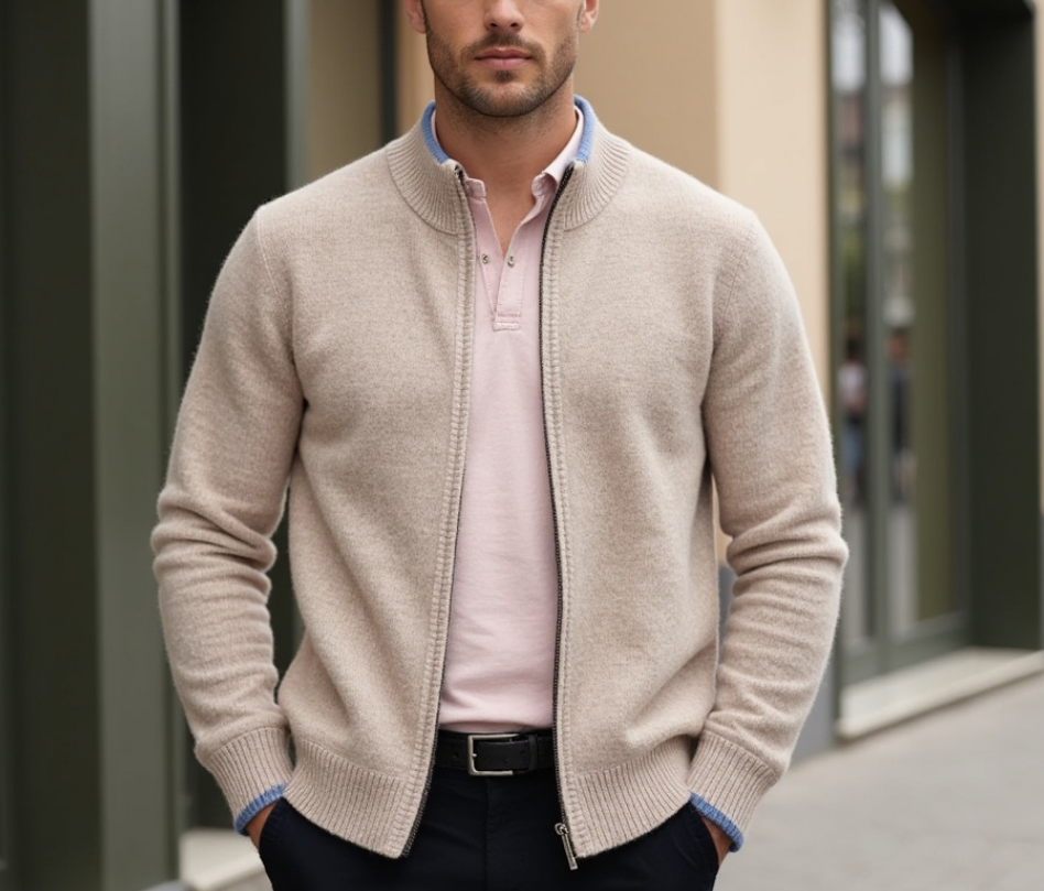 Men's cardigan with contrast trim at the cuff