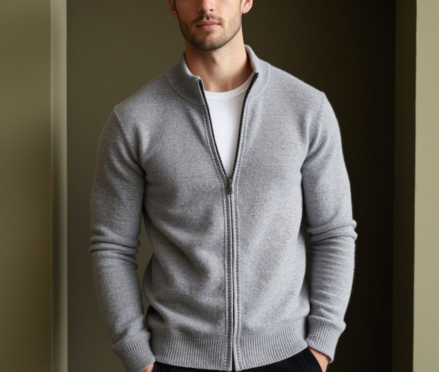 Zip-up knit cardigan on a hanger, full length