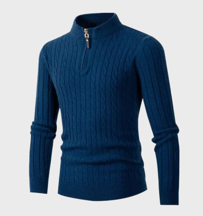 Men's slim cable knit jumper in Petrol Blue