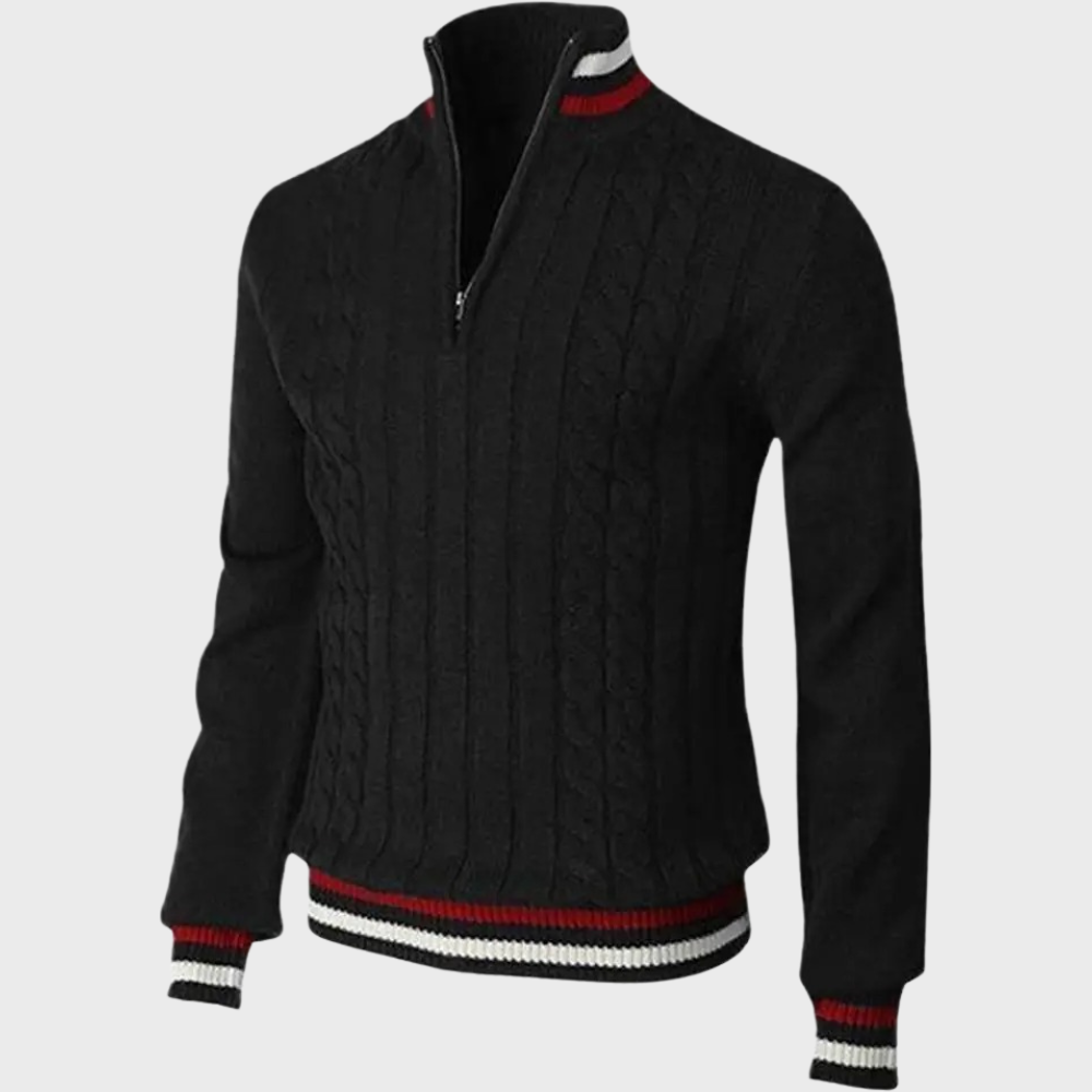 Men's cable knit jumper with striped trims in Black