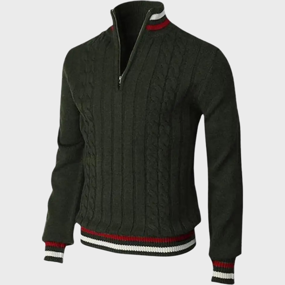Men's cable knit jumper with striped trims in Dark Green