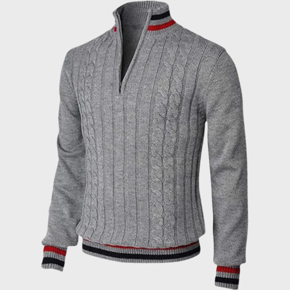 Men's cable knit jumper with striped trims in Grey