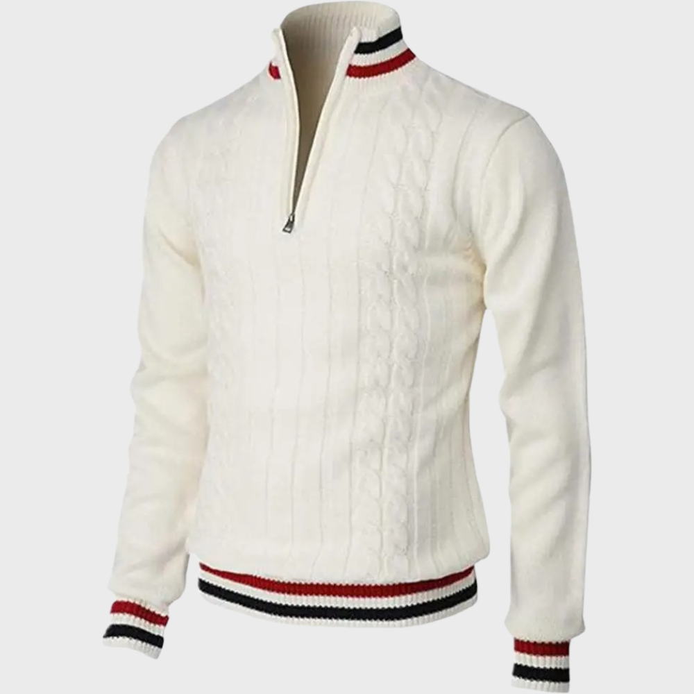 Men's cable knit jumper with striped trims in Off-White