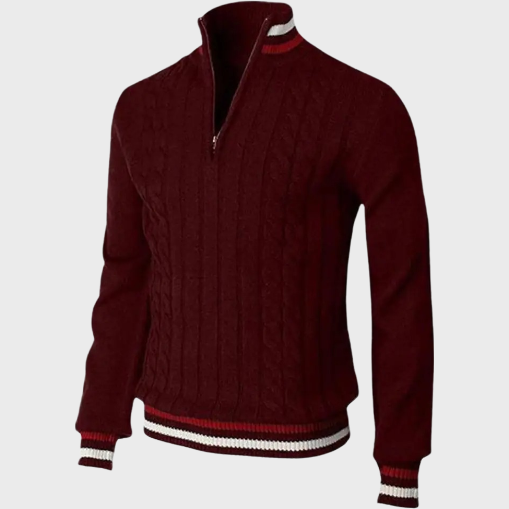 Men's cable knit jumper with striped trims in Burgundy