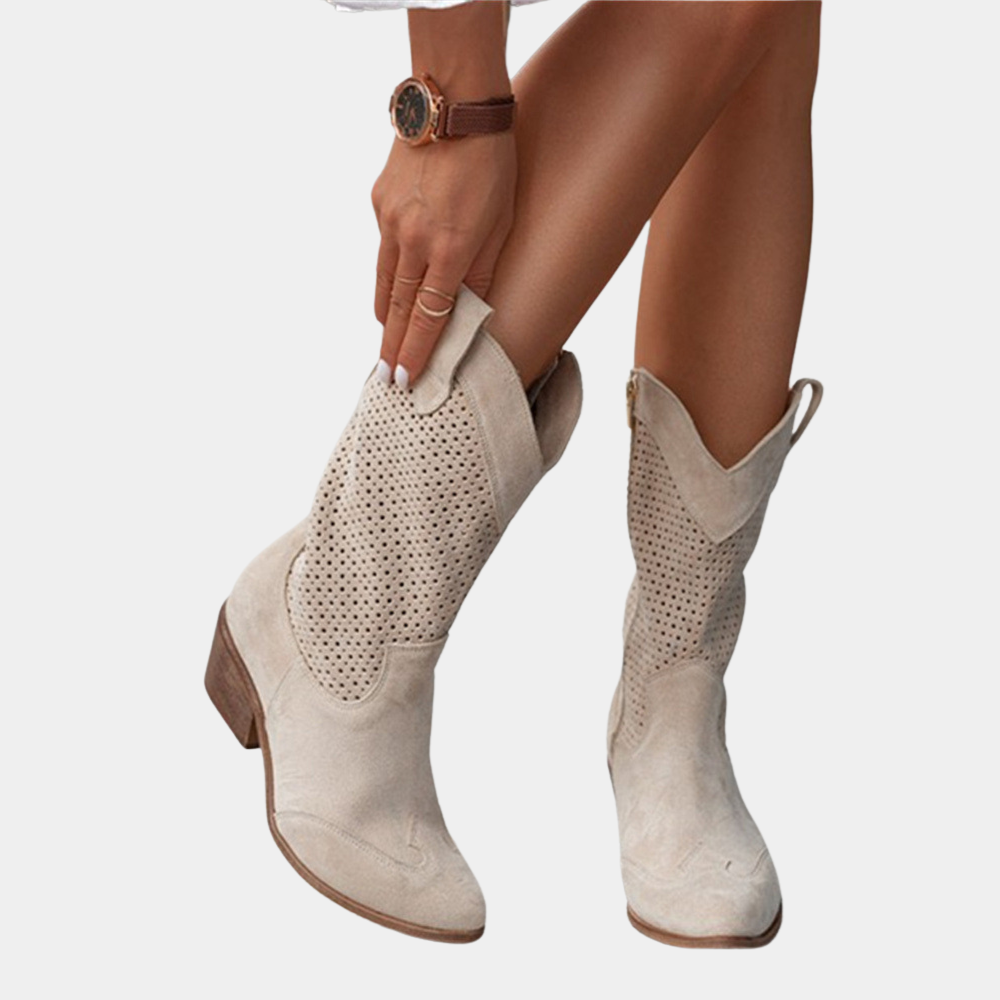Women's Shoes - Cowboy Style Orthopedic Boots in Beige