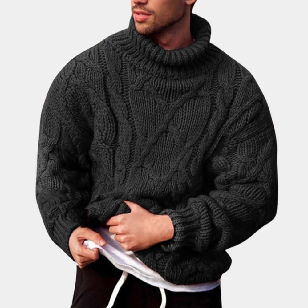 Men's chunky cable roll neck jumper in Charcoal