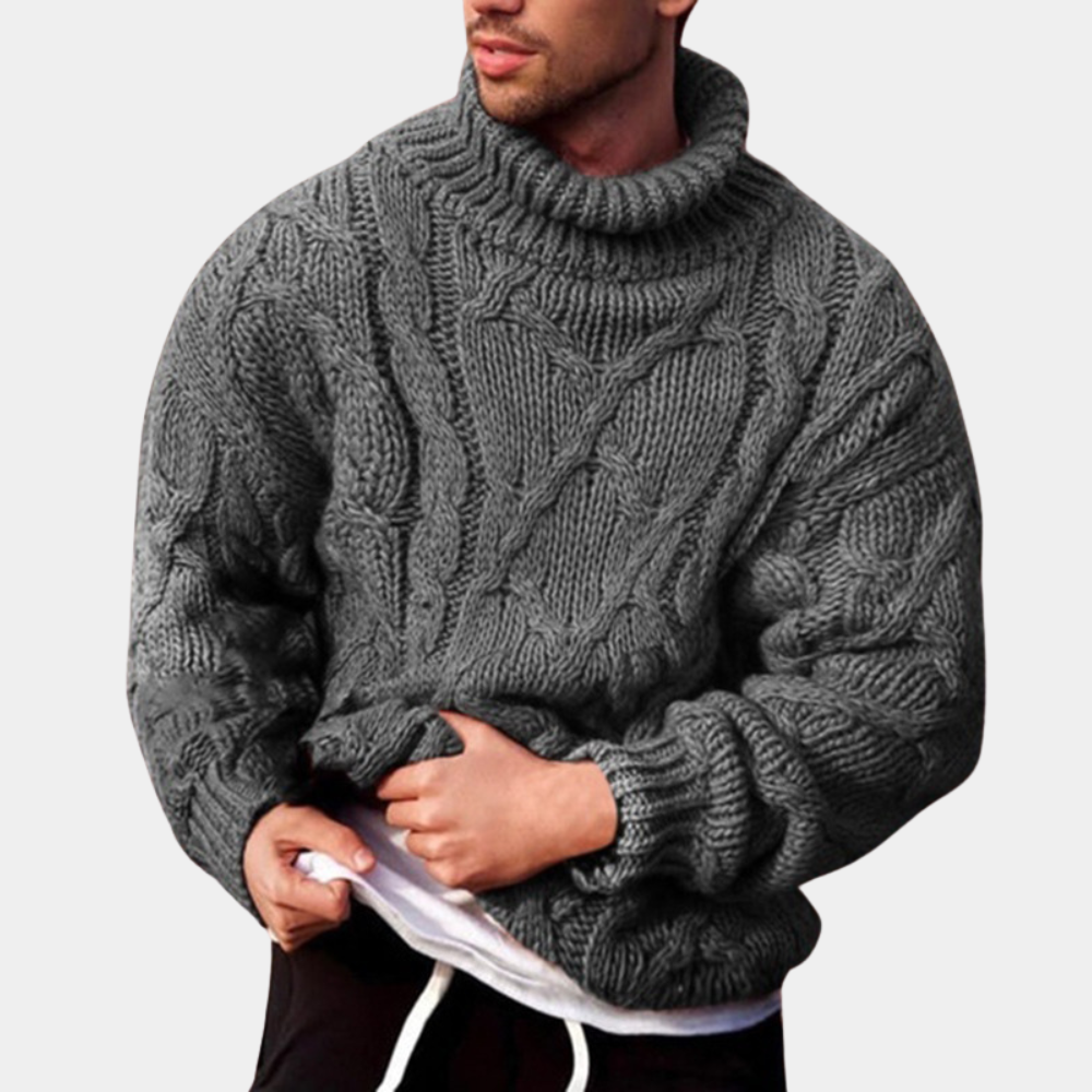 Men's chunky cable roll neck jumper in Dark Grey