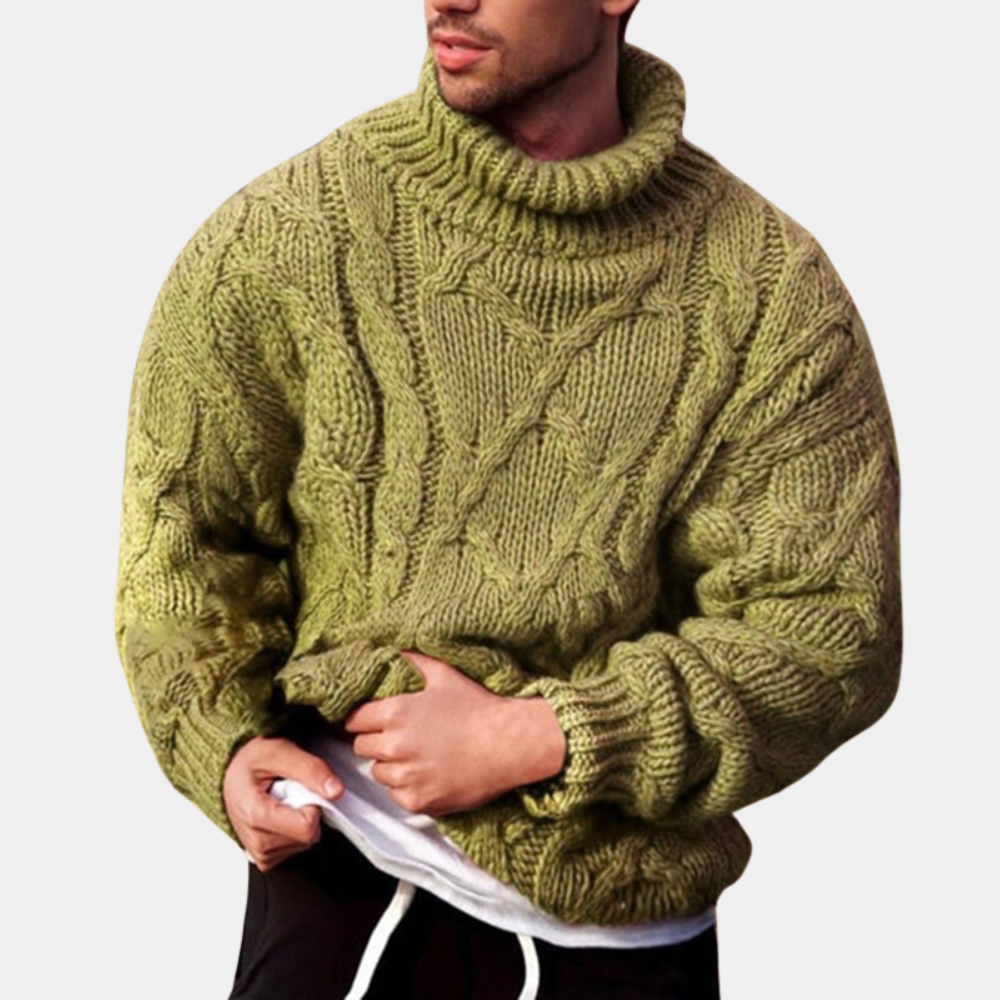 Men's chunky cable roll neck jumper in Olive