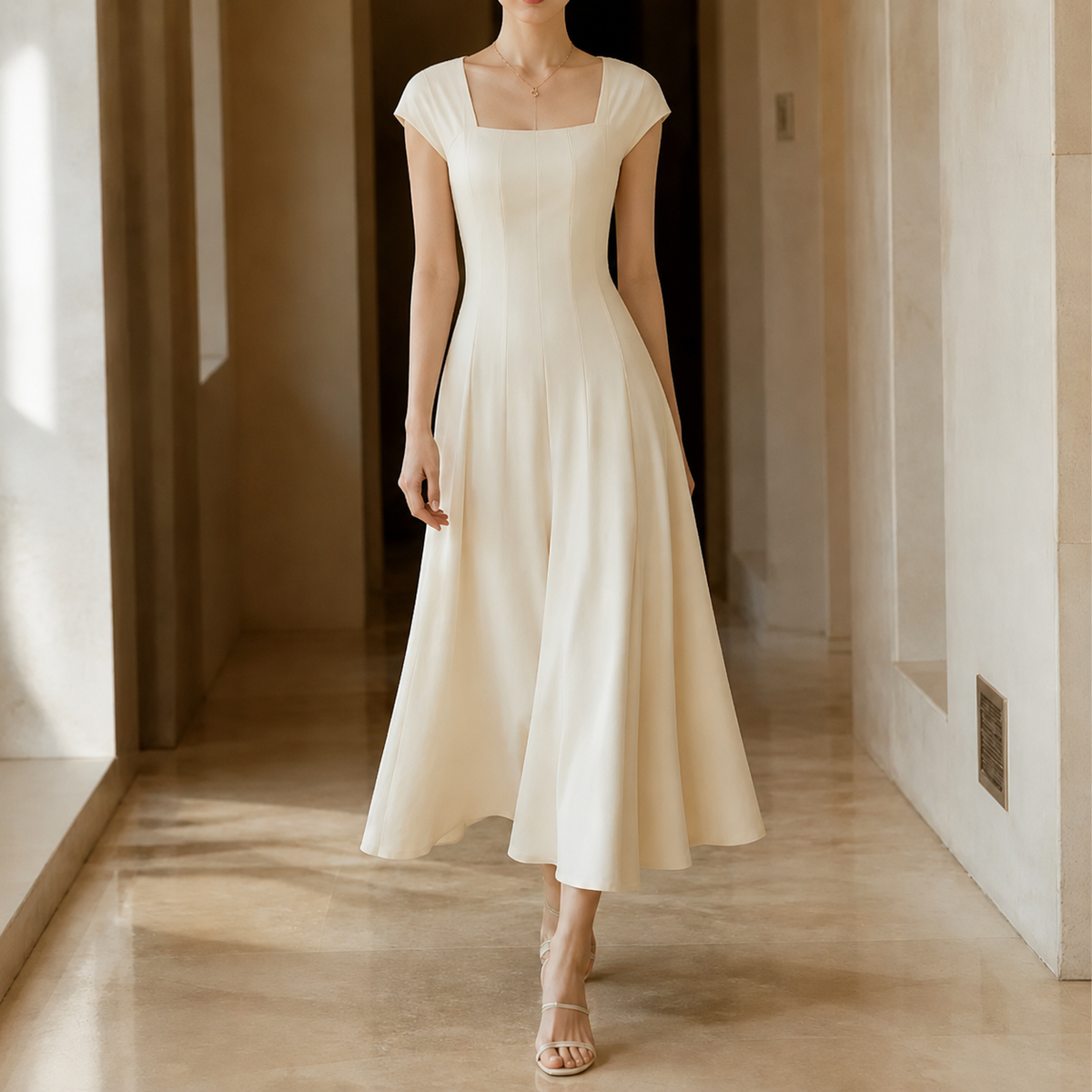 Women's square neck midi dress - detail