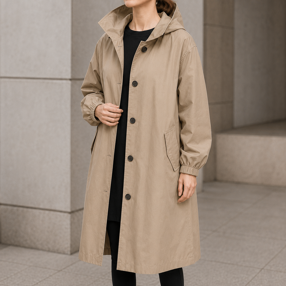 Women's long hooded coat in Khaki