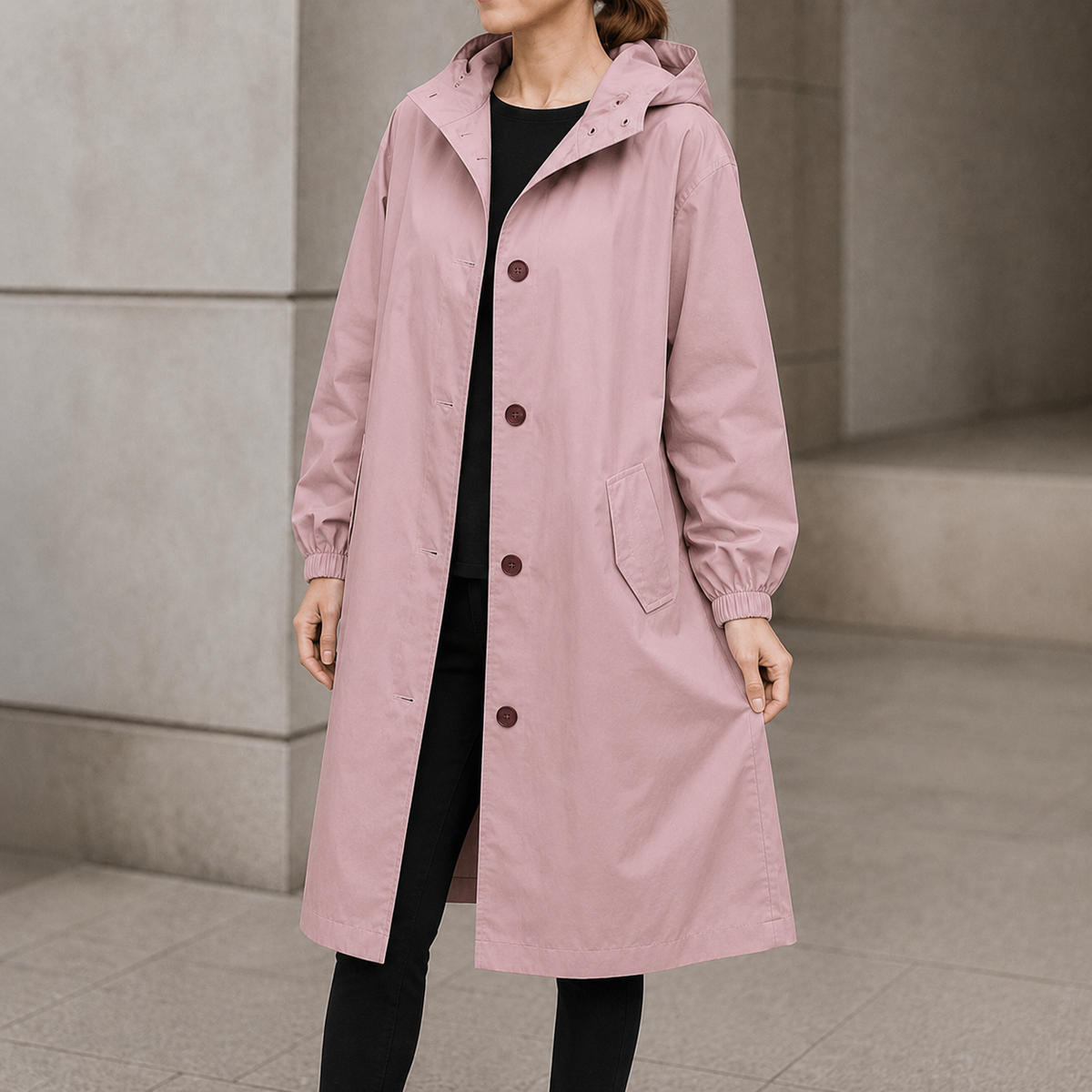 Women's long hooded coat in Dusty Pink