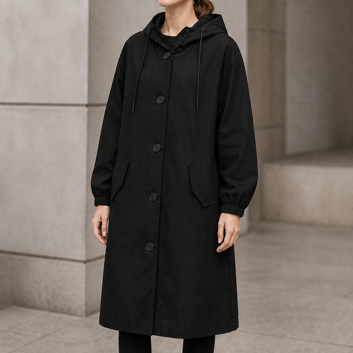 Women's long hooded coat in Black