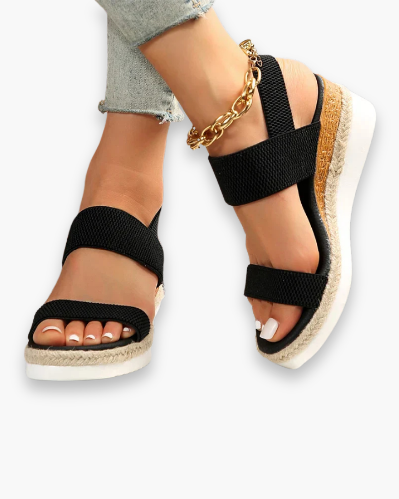Women's wedge sandals with elastic adjustable straps – Saint Dor UK – lifestyle shot