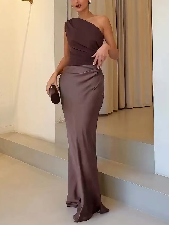 Women's Dress - Elegant One Shoulder Neck Pleated Party M in Dark Green