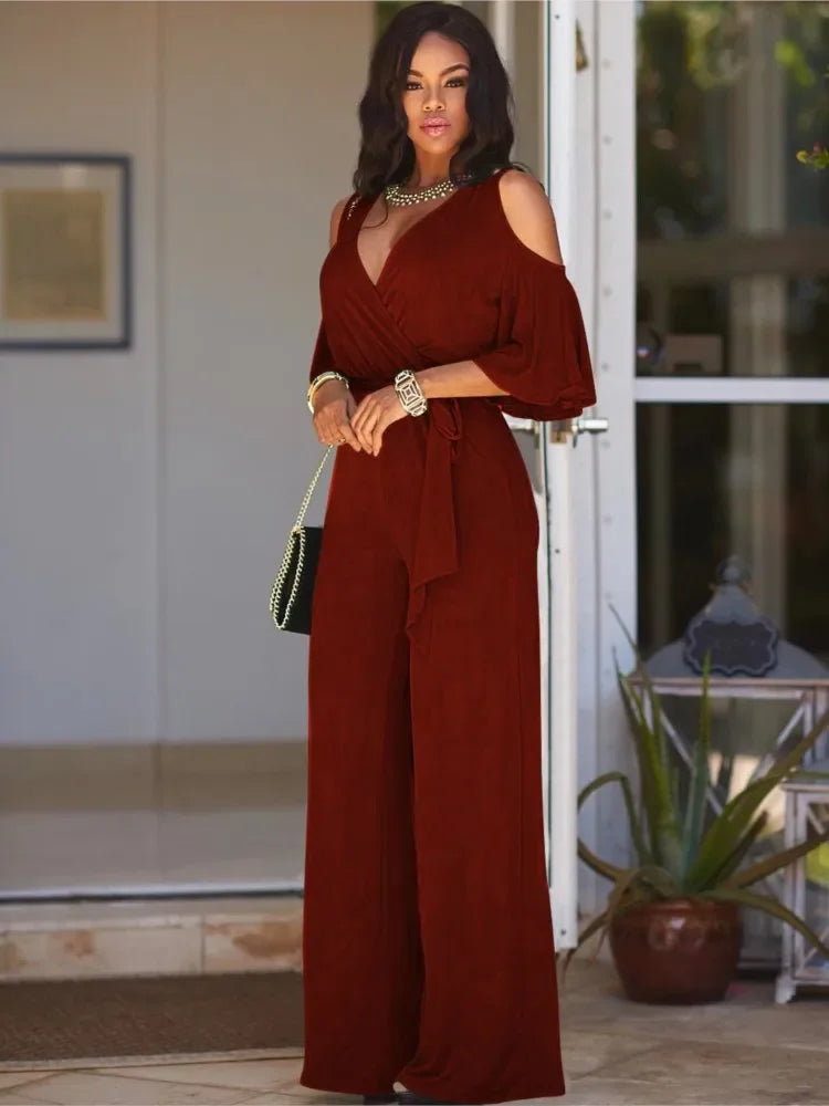 Women's wide leg jumpsuit with wrap neckline in Burgundy