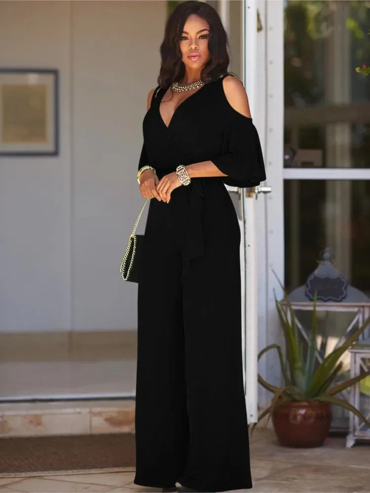 Women's wide leg jumpsuit with wrap neckline in Black
