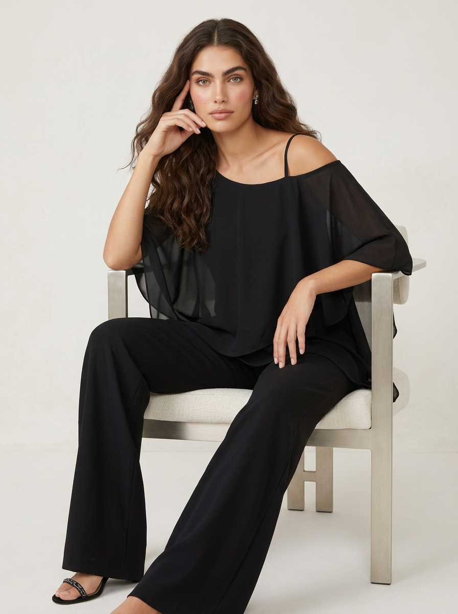 Women's Two-Piece Set - two-layer chiffon overlay top