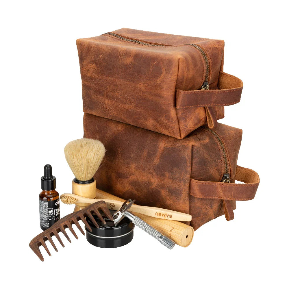 Leather Wash Bag in Tan Brown
