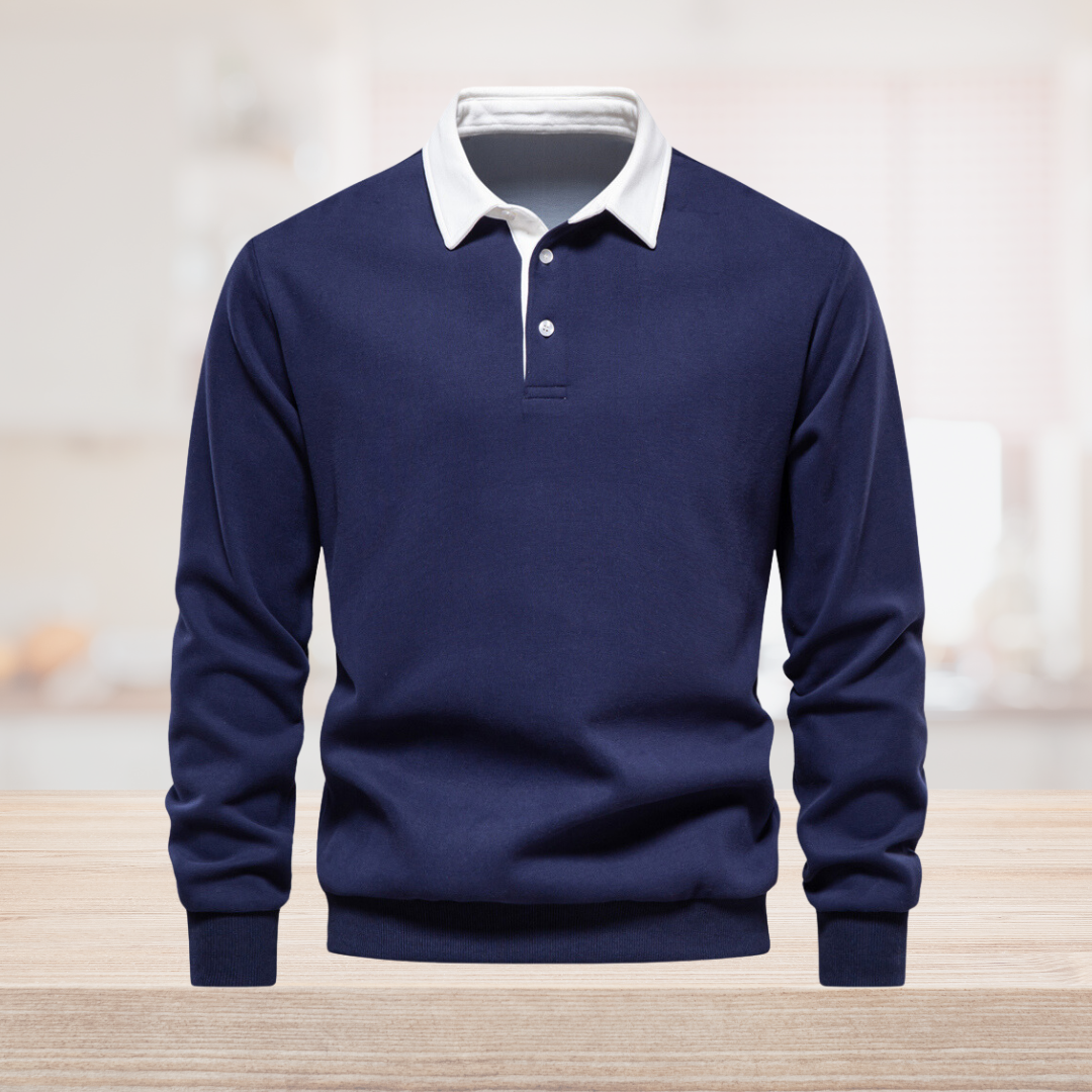 Men's long sleeve rugby polo, shoulder and sleeve detail