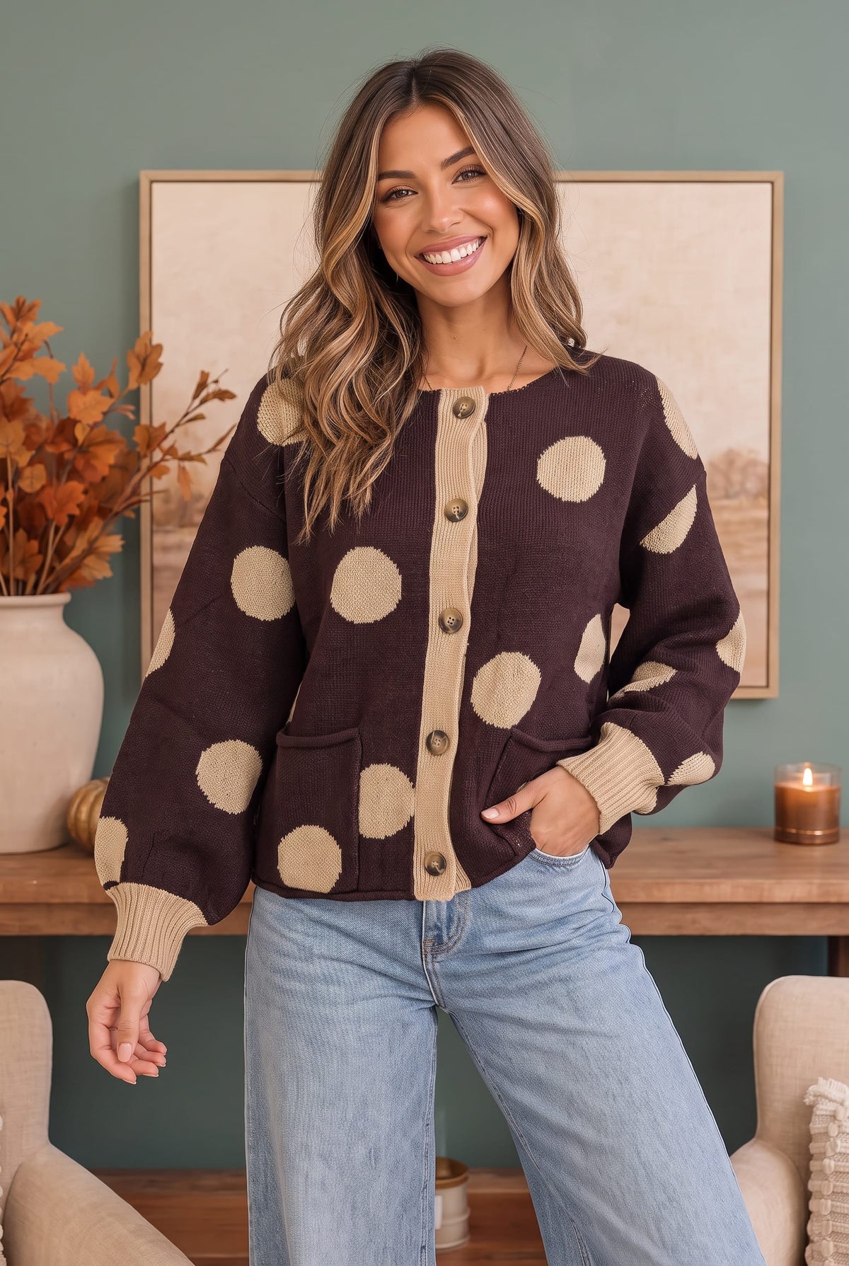 Women's chocolate polka dot cardigan - detail
