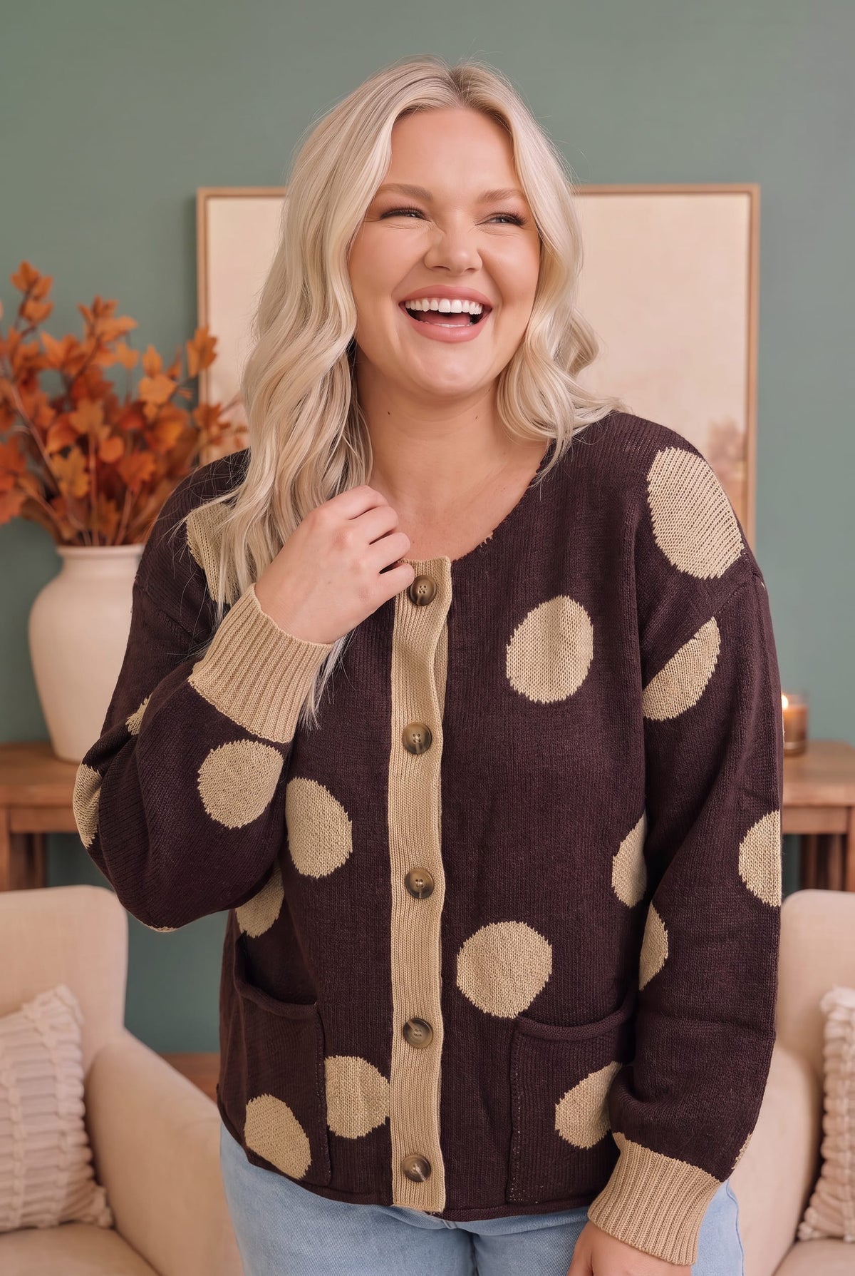 Women's chocolate polka dot cardigan