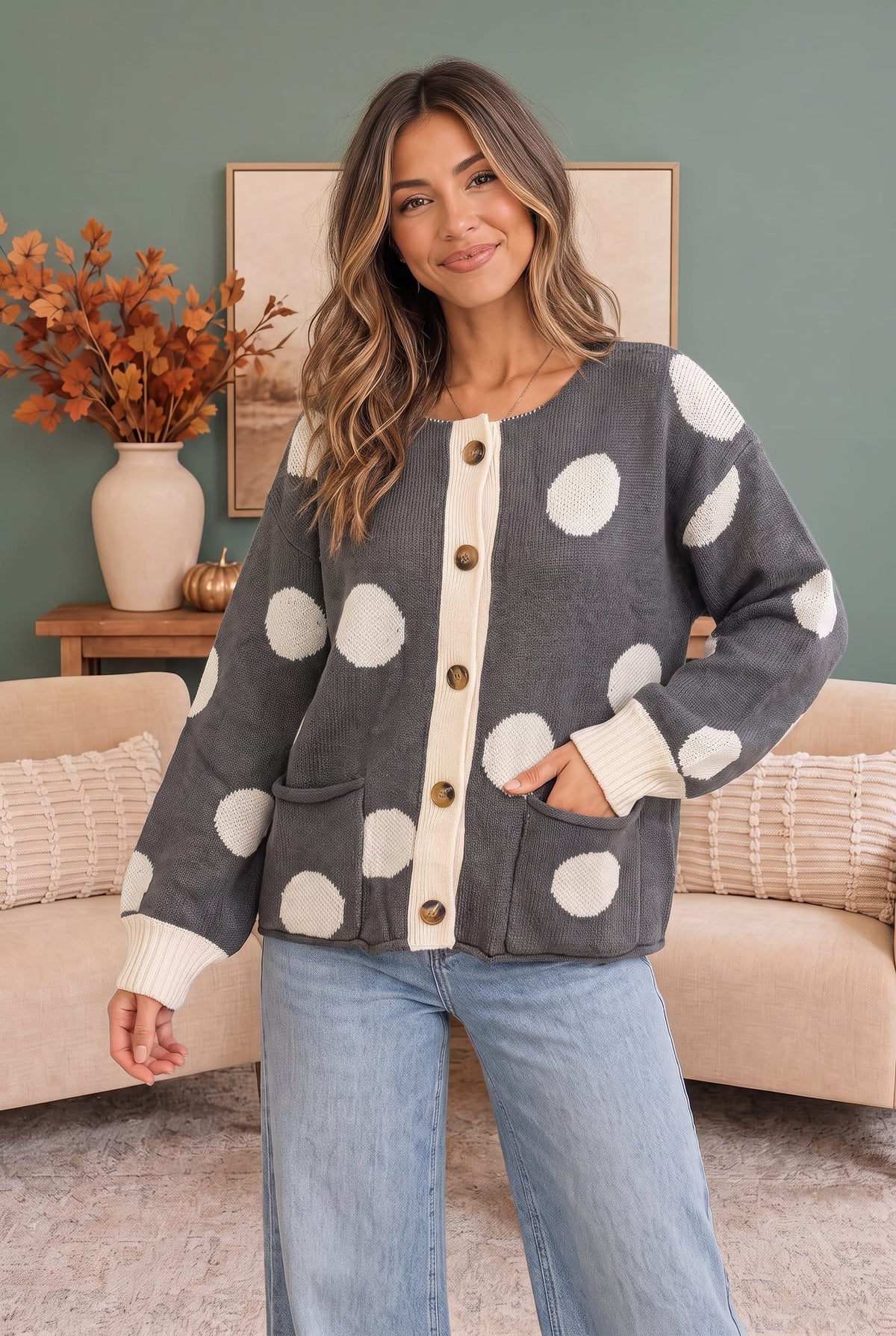 Women's charcoal polka dot cardigan