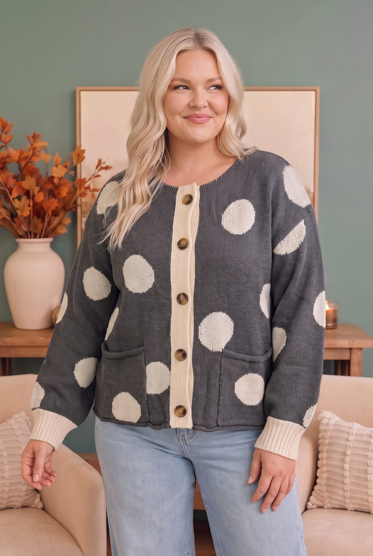 Women's charcoal polka dot cardigan - detail