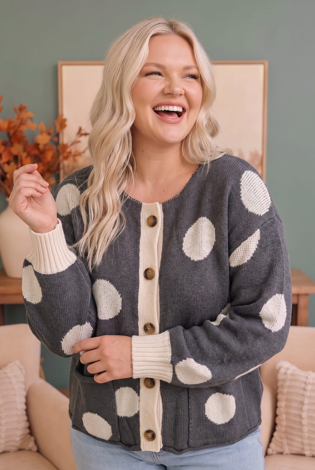 Women's charcoal polka dot cardigan - detail