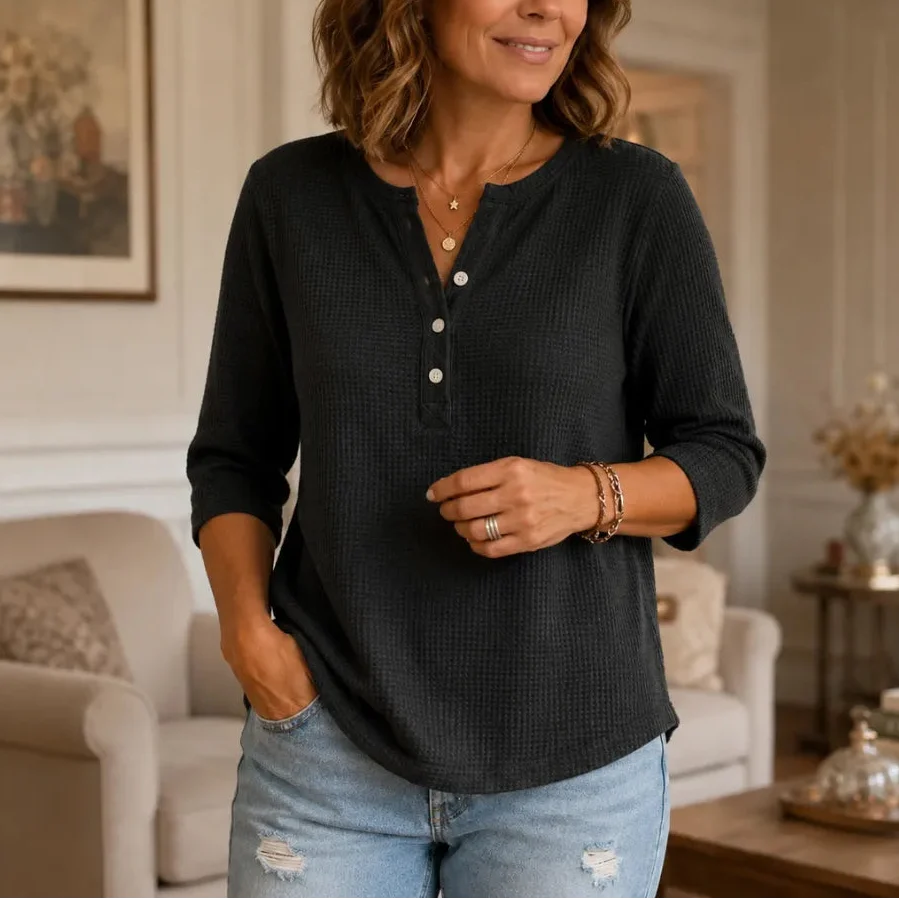 Women's waffle henley top in Black