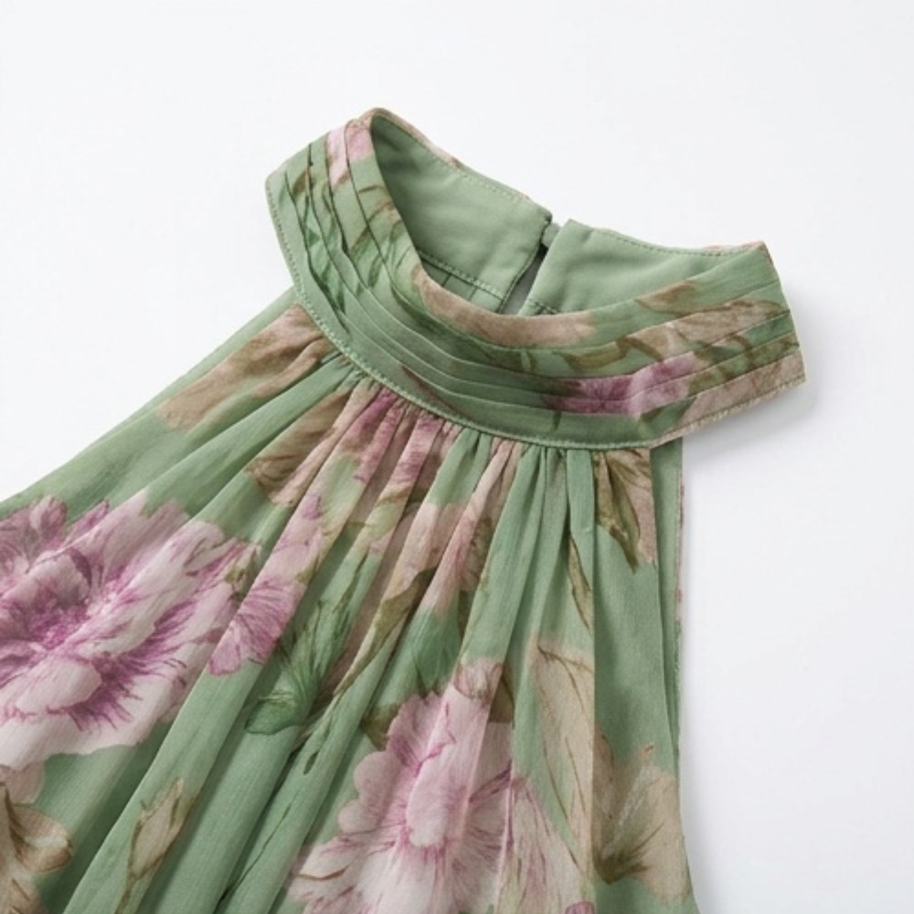 Women's sage floral halter maxi dress - detail