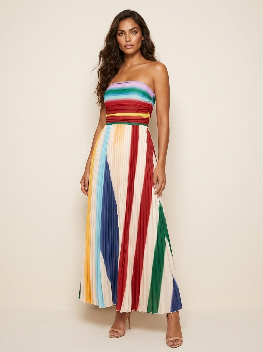 Strapless pleated maxi dress in shifting colour panels