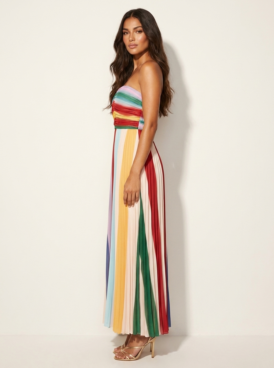 Strapless pleated maxi dress in shifting colour panels