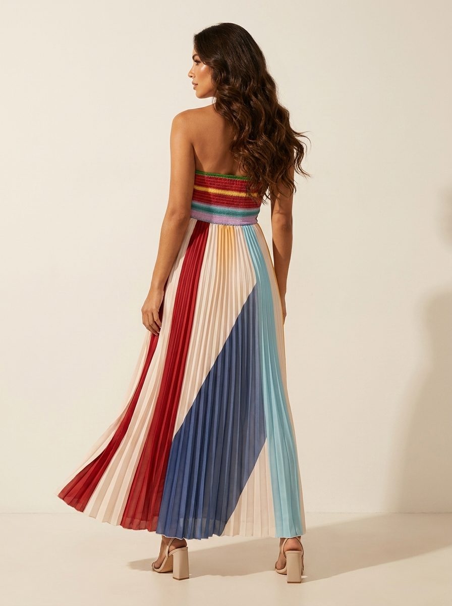Strapless pleated maxi dress in shifting colour panels