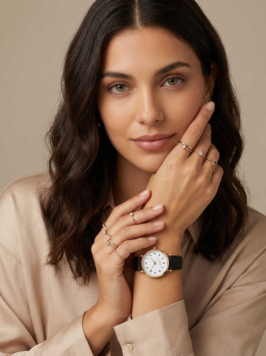 Watch with rose gold tone case and suede look strap