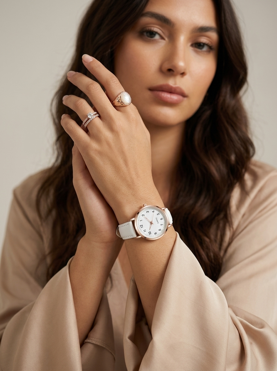 Watch with rose gold tone case and suede look strap