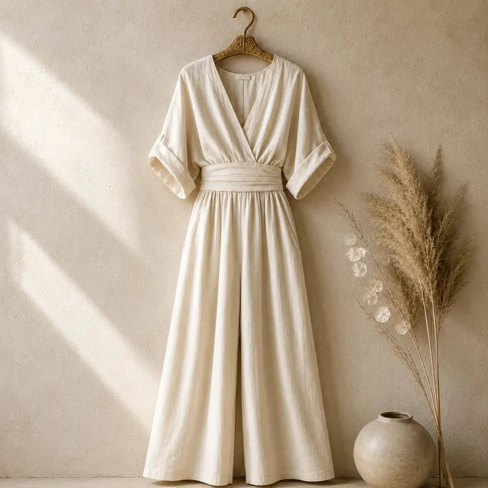 Women's wide leg V-neck jumpsuit - detail